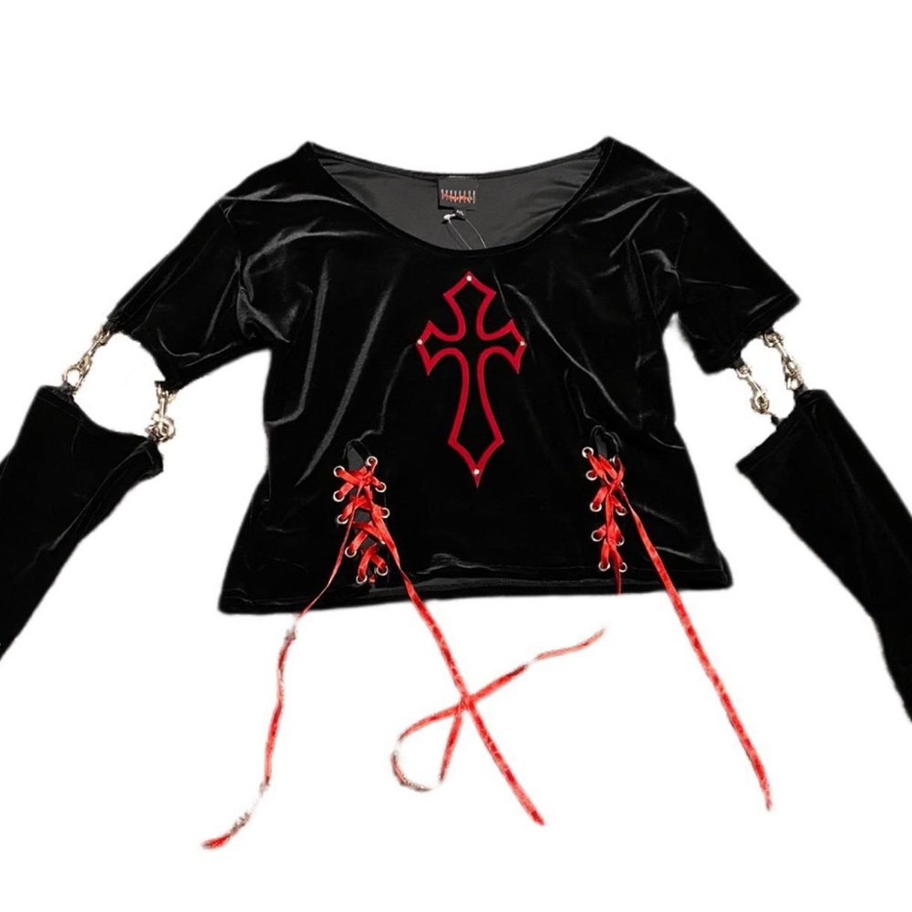 Vintage Strange Ways gothic cross top with detachable sleeves